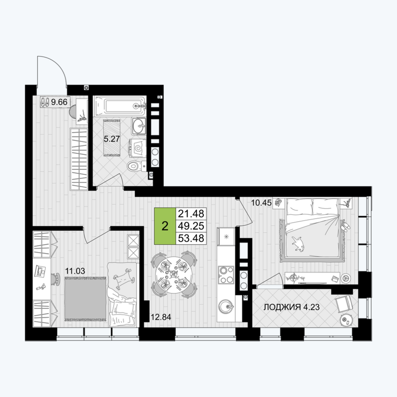Планировка: 2-комнатная, 53,48 м²