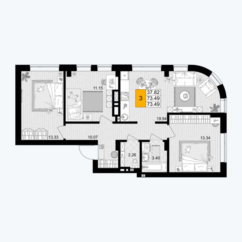 Планировка: 3-комнатная, 73,49 м²